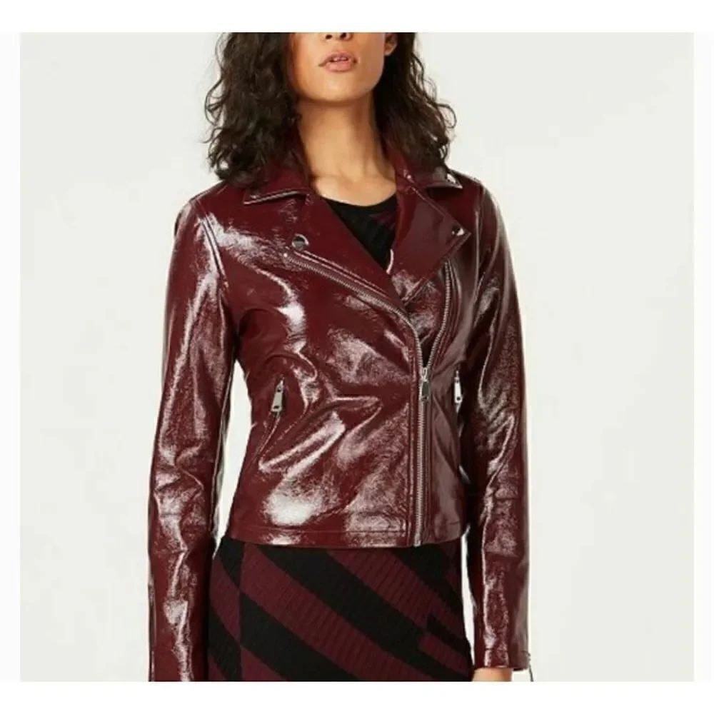 Bar III Zip-Front Long Sleeve Faux Leather Brown Collared Moto Jacket XS NWT